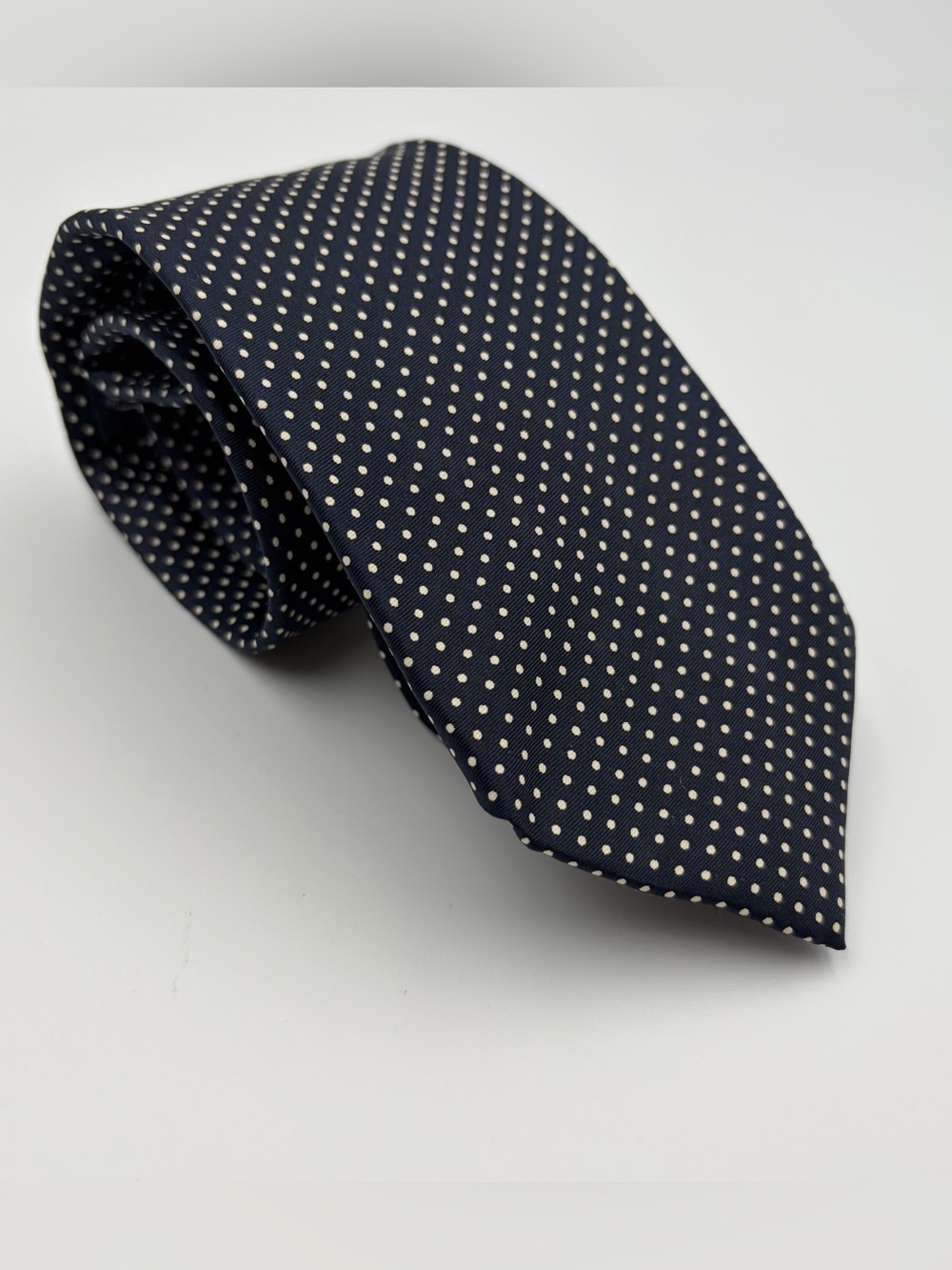 Lands' End 100% Silk Men's Tie Navy Blue White Polka Dots Handmade USA